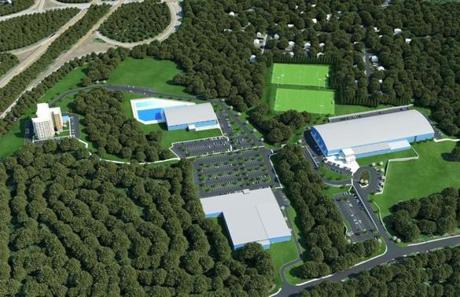 rendereing showing an aerial view of the new spots complex in Attleboro called New England Sports Village. 
